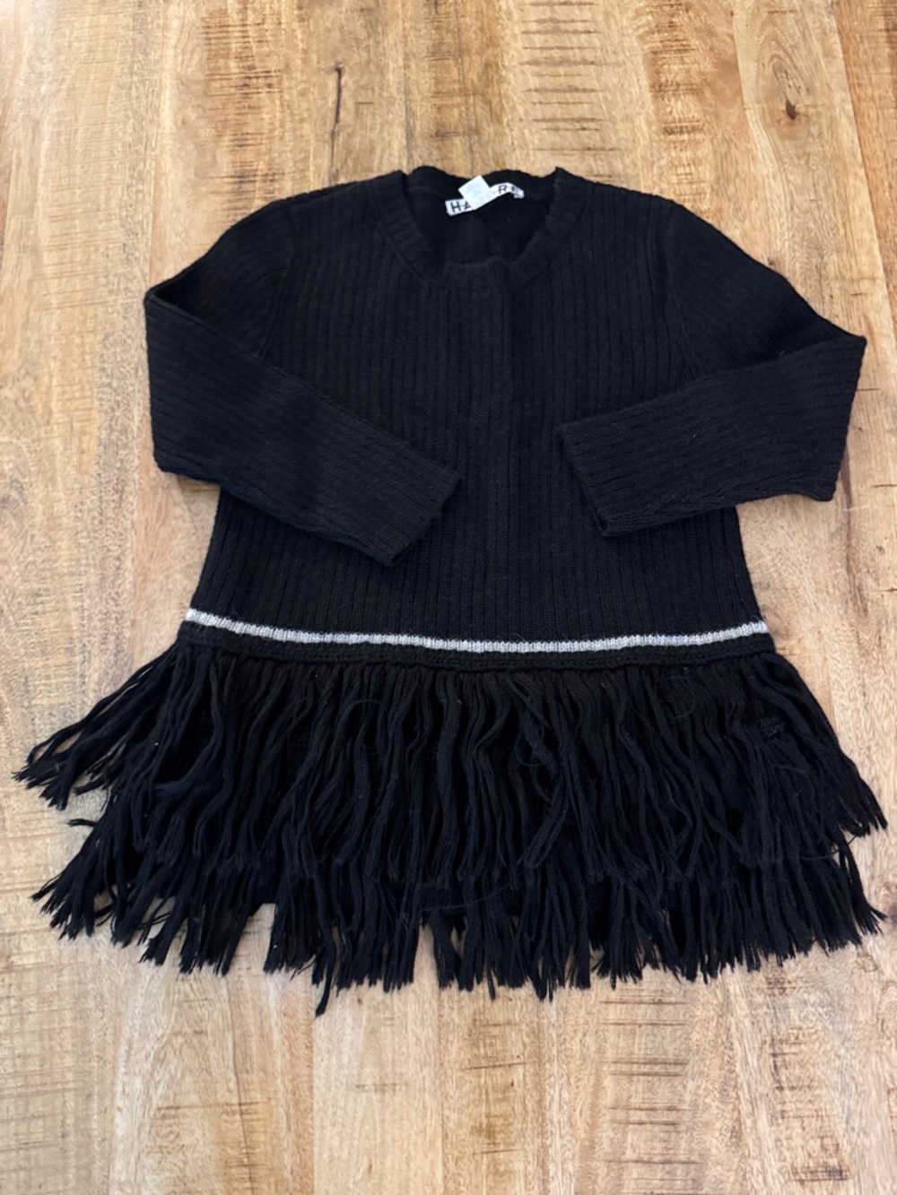 Halare Anthropologie 100% Alpaca Black Fringe Knit sweater top White Trim EUC S
